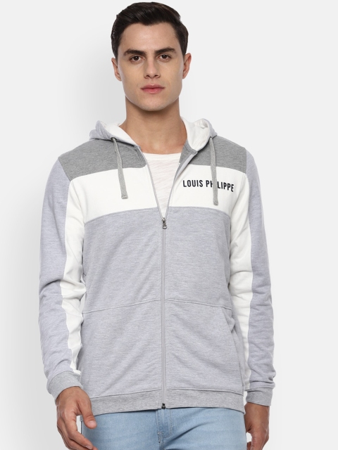 

Louis Philippe Jeans Men Grey & White Colourblocked Hooded Sweatshirt