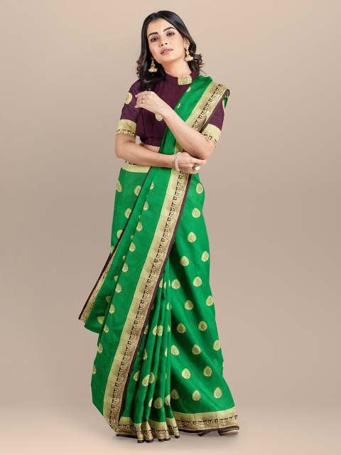 

BharatSthali Green & Brown Silk Cotton Woven Design Banarasi Sustainable Saree