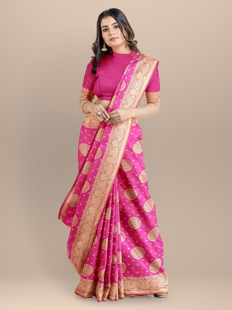 

BharatSthali Pink & Gold-Toned Silk Cotton Woven Design Banarasi Sustainable Saree