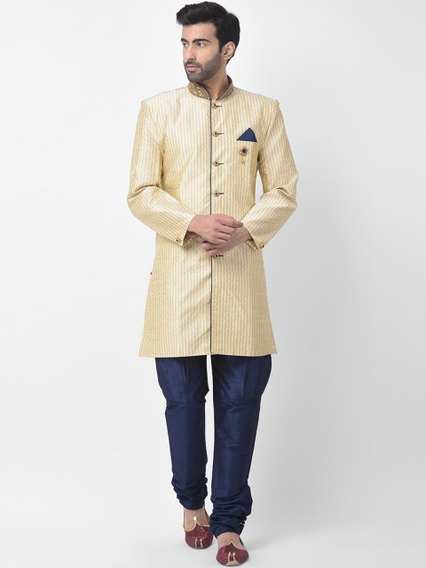 

SG LEMAN Men Gold-Coloured & Navy Blue Self-Design Sherwani Set