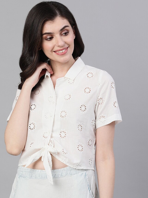 

Ishin Women White Self Design Shirt Style Pure Cotton Top