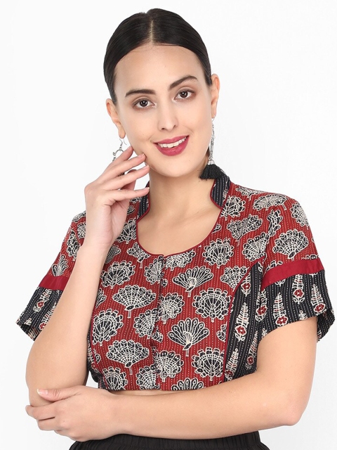 

Molcha Women Maroon & Black Ajrakh Printed Saree Blouse