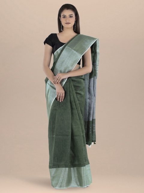 

BharatSthali Green Solid Pure Linen Bhagalpuri Sustainable Saree