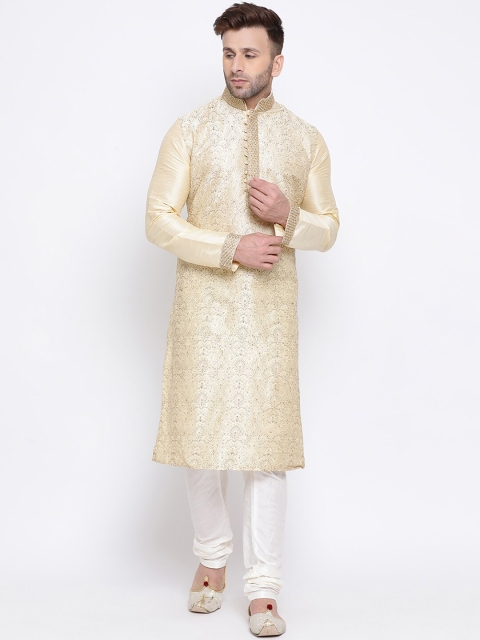

NAMASKAR Men Beige & White Embroidered Kurta with Churidar