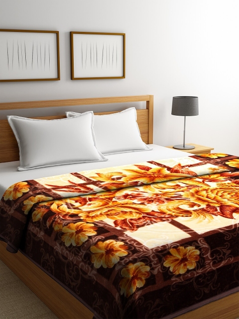 

NEUDIS Brown & Orange Floral Print Mild Winter 500 GSM Double Bed Blanket