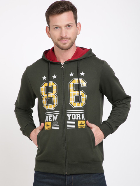 

IVOC Men Olive Green Printed Hooded Sweatshirt
