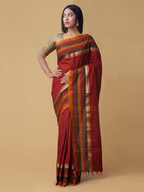 

Unnati Silks Maroon Striped Pure Cotton Saree