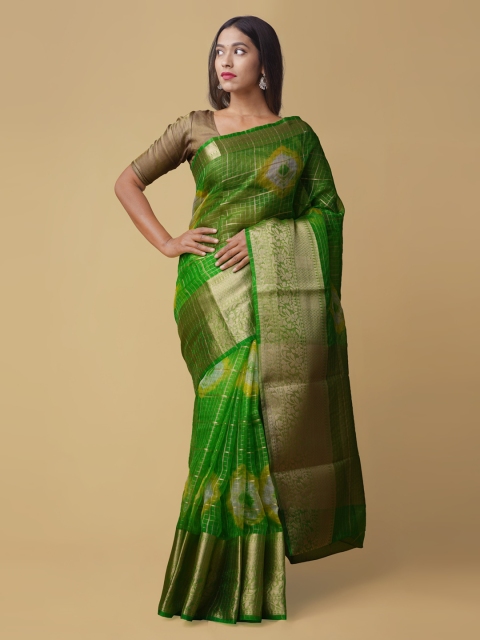 

Unnati Silks Green & Gold-Toned Silk Cotton Checked Banarasi Saree