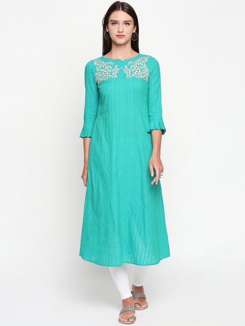 

Lobaanya Women Turquoise Blue & White Embroidered A-Line Kurta