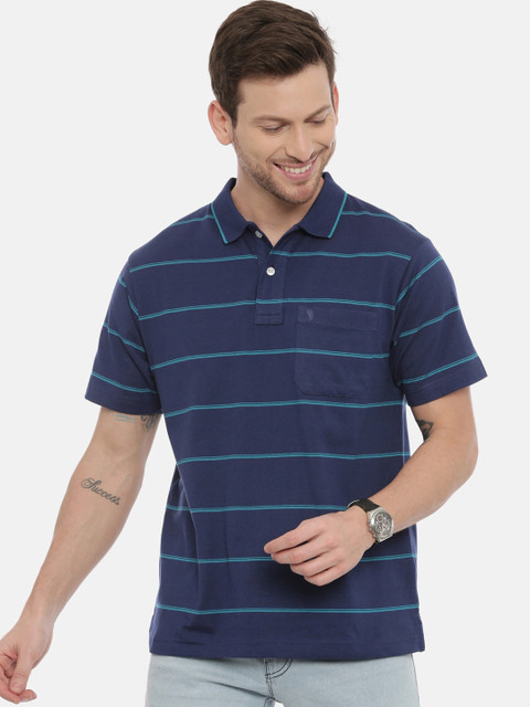 

Classic Polo Men Navy Blue Striped Polo Collar T-shirt