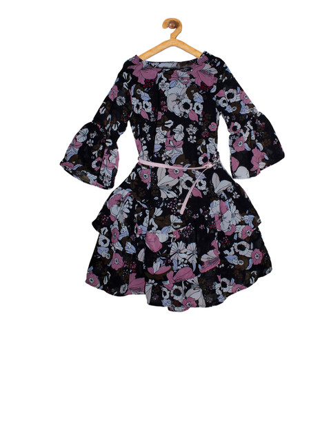 

KiddoPanti Girls Black Printed Fit and Flare Dress