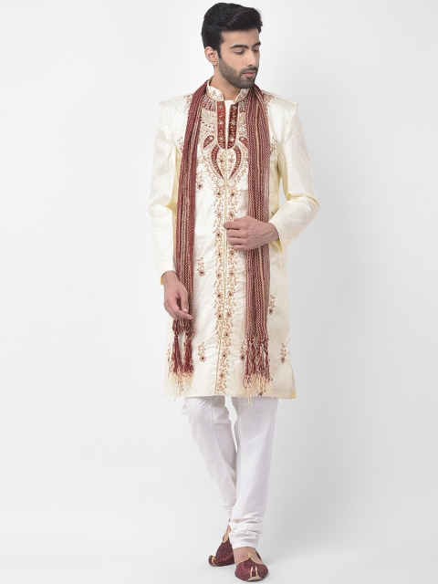 

SG LEMAN Men Off-White & Brown Embellished Raw Silk Sherwani Set
