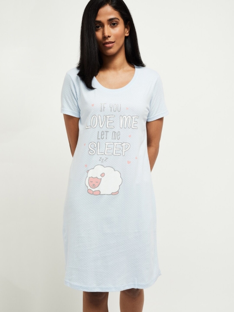 

max Women Blue & White Printed Pure Cotton Sleep Shirt