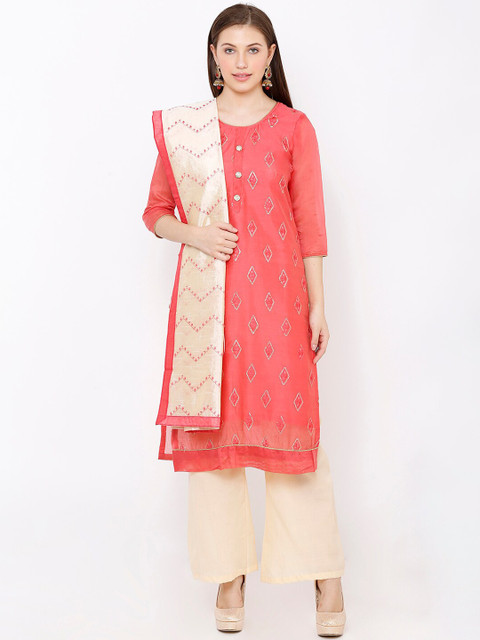 

Salwar Studio Women Coral Red & Beige Embroidered Unstitched Dress Material with Dupatta