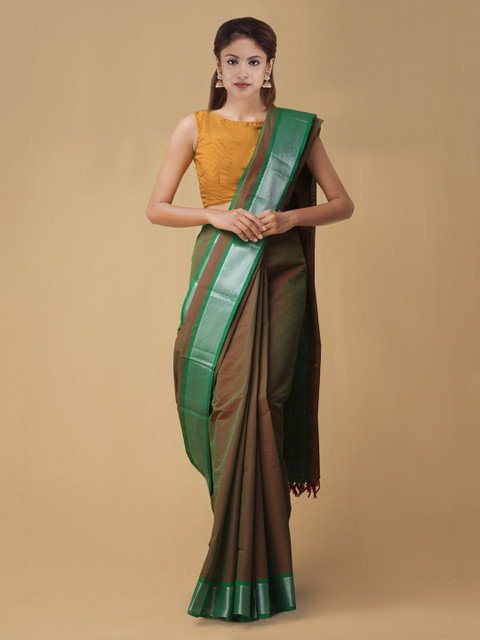 

Unnati Silks Green & Brown Pure Venkatgiri Cotton Solid Saree