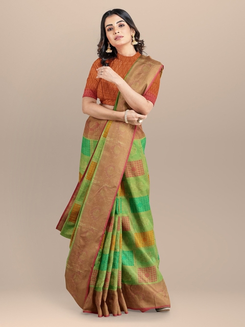 

BharatSthali Green & Pink Woven Design Banarasi Sustainable Saree