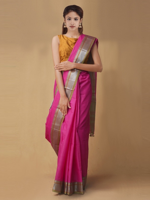 

Unnati Silks Pink & Silver-Toned Pure Venkatgiri Cotton Solid Saree