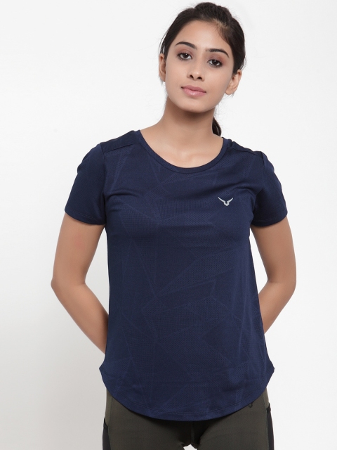 

Invincible Women Navy Blue Self Design Round Neck T-shirt