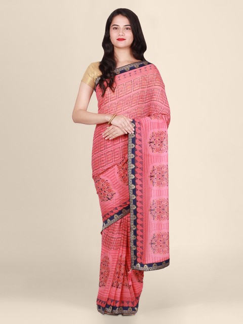 

CLAI WORLD Pink & Black Pure Chiffon Printed Handloom Saree
