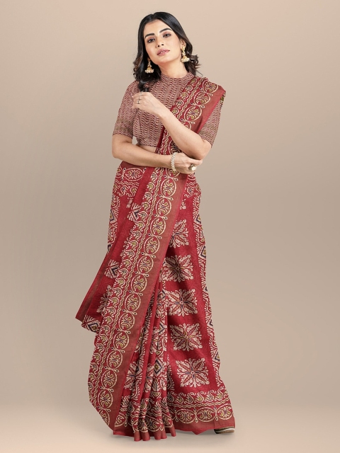 

BharatSthali Red & White Pure Silk Printed Tussar Saree