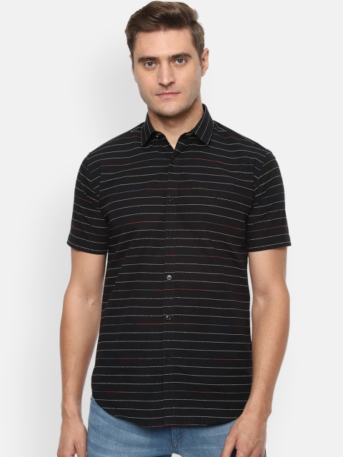 

V Dot Men Black Slim Fit Striped Casual Shirt