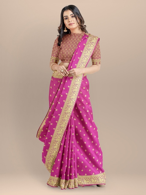 

BharatSthali Magenta & Gold-Coloured Silk Cotton Woven Design Banarasi Saree