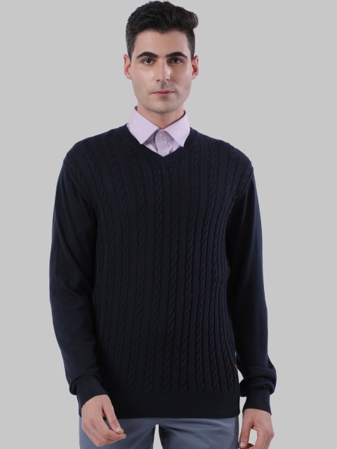Raymond Men Navy Blue Self-Design Pullover Sweater