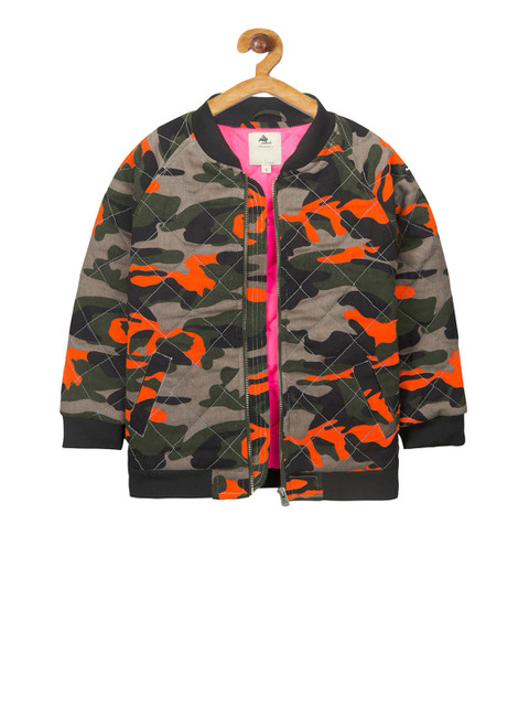 

Cherry Crumble Boys Orange & Green Camouflage Printed Bomber