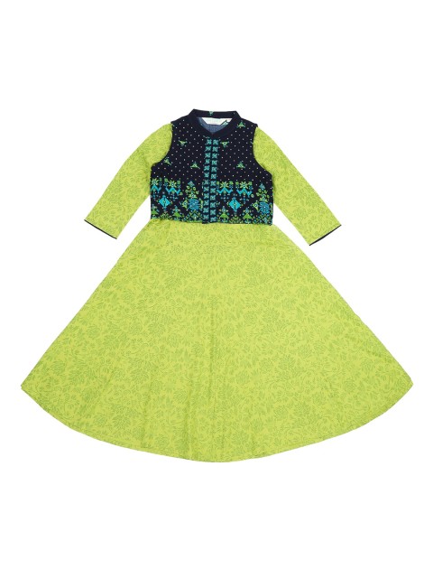 

AKKRITI BY PANTALOONS Girls Green Printed A-Line Kurta With Jacket