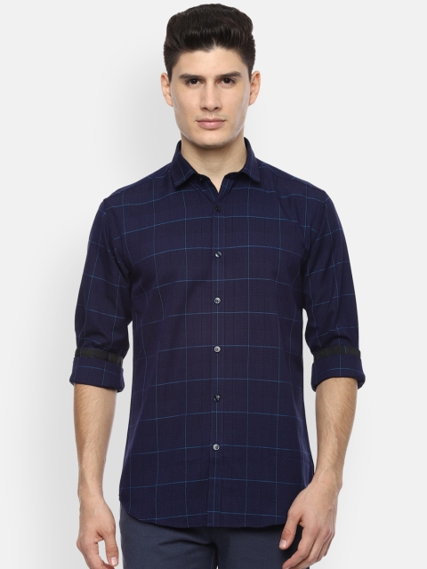 

V Dot Men Navy Blue Slim Fit Checked Casual Shirt