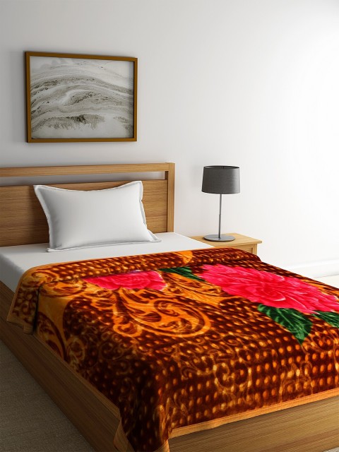

NEUDIS Brown & Orange Floral Print Heavy Winter 800 GSM Single Bed Blanket
