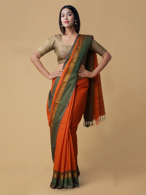 

Unnati Silks Orange & Green Pure Cotton Solid Saree