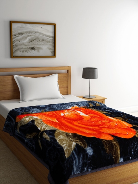 

NEUDIS Navy Blue & Orange Floral Print Heavy Winter 800 GSM Single Bed Blanket