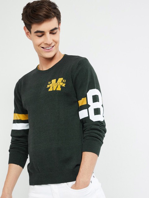 

max Men Green & White Printed Pullover Sweater