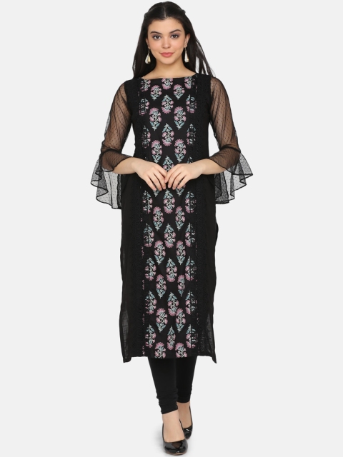 

Ojjasvi Women Black Printed Straight Kurta