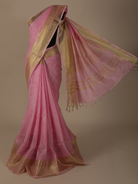 

Pothys Pink & Gold-Toned Pure Linen Solid Saree