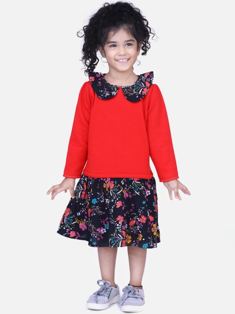 

AWW HUNNIE Girls Red & Navy Blue Printed Drop-Waist Dress