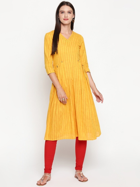 

Lobaanya Women Yellow Striped A-Line Kurta