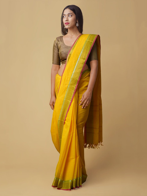 

Unnati Silks Yellow Striped Pure Kanchi Cotton Handloom Saree