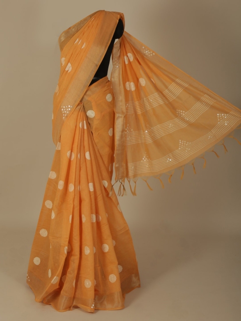 Pothys Orange Striped Linen Blend Saree
