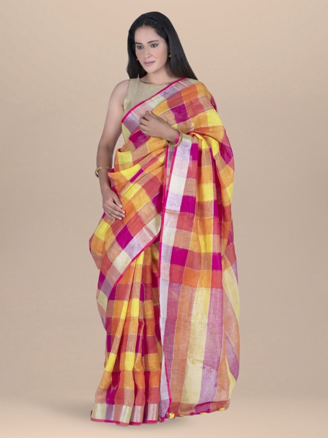 

BharatSthali Multicoloured Checked Pure Linen Bhagalpuri Sustainable Saree, Multi