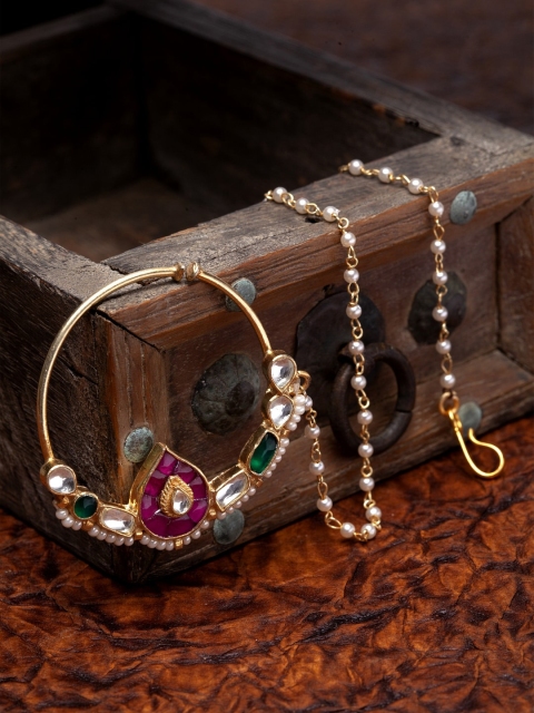 

PANASH Gold-Plated & White Kundan-Studded Chained Nose Ring