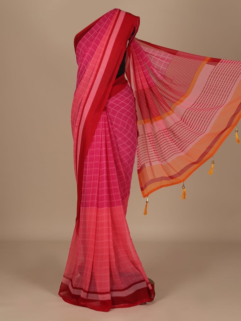 

Pothys Pink Checked Poly Chiffon Saree