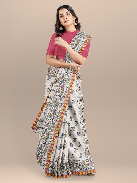 

BharatSthali Cream-Coloured & Black Pure Tussar Silk Printed Sustainable Saree