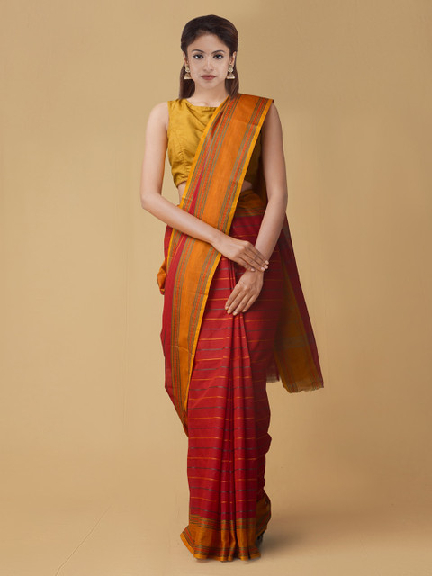 

Unnati Silks Red & Yellow Pure Kanchi Pure Kanchi Pavni Handloom Cotton Striped Saree