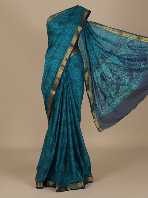 

Pothys Blue & Gold-Toned Poly Crepe Printed Saree