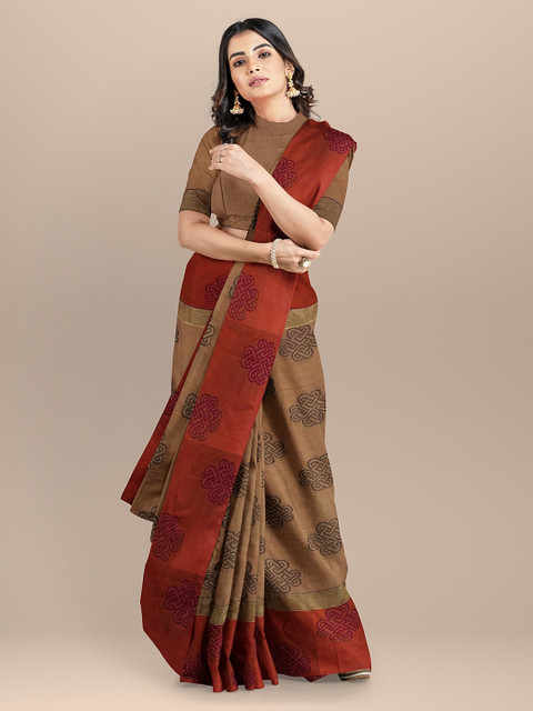 

BharatSthali Beige & Maroon Pure Cotton Woven Design Saree