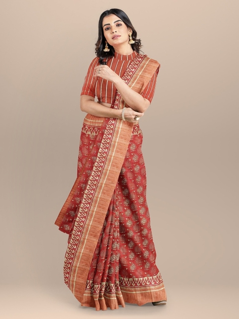 

BharatSthali Red & Beige Pure Silk Woven Design Tussar Saree