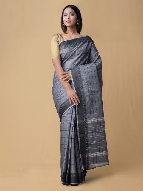

Unnati Silks Grey Checked Pure Cotton Handcrafted Saree