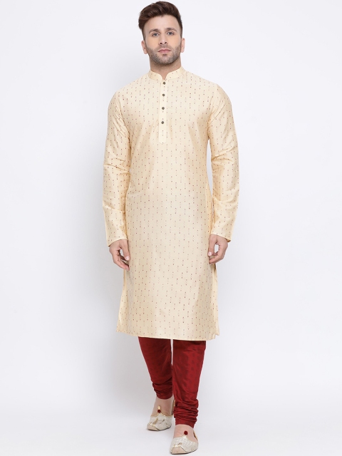 

NAMASKAR Men Beige & Maroon Printed Kurta with Churidar